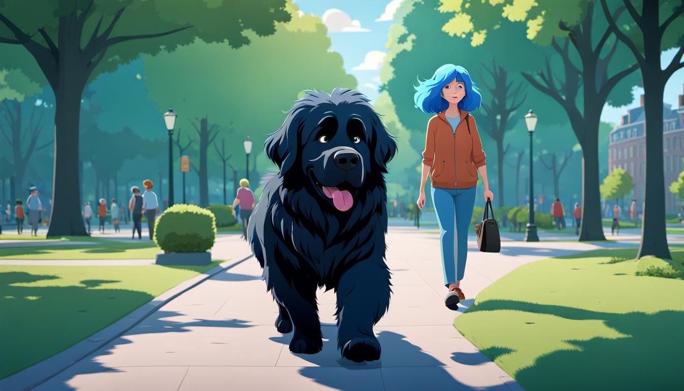 Charming Woman and Newfoundland in Animated Style