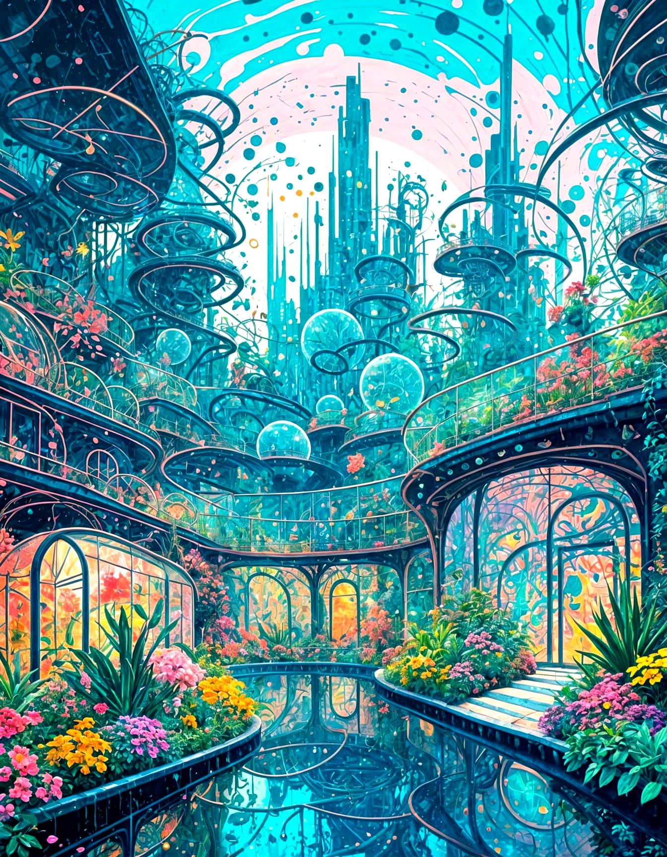 Retrofuturist Greenhouse City with Vibrant Flora