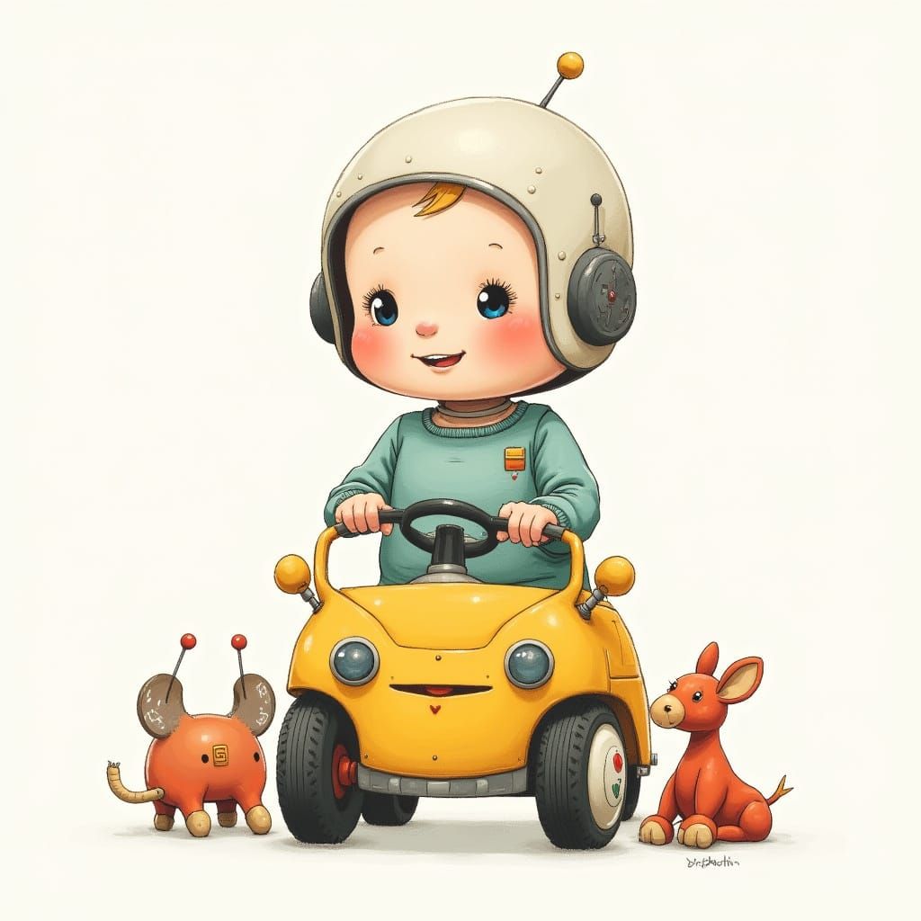 Cute Baby Robot in Pedal Car Illustration