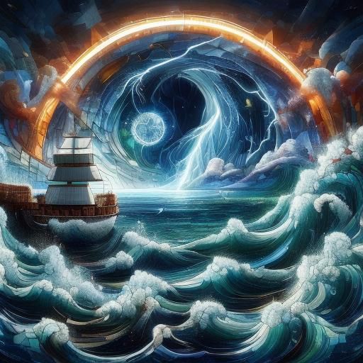 Mosaic Ship Navigates Stormy Ocean with Lighthouse