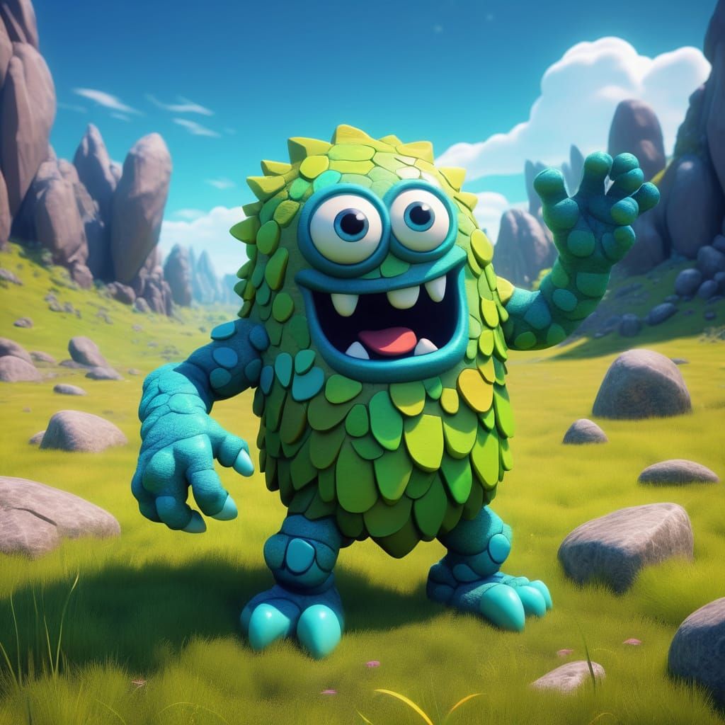 Vibrant Cartoon Monster Dances in Enchanted Meadow