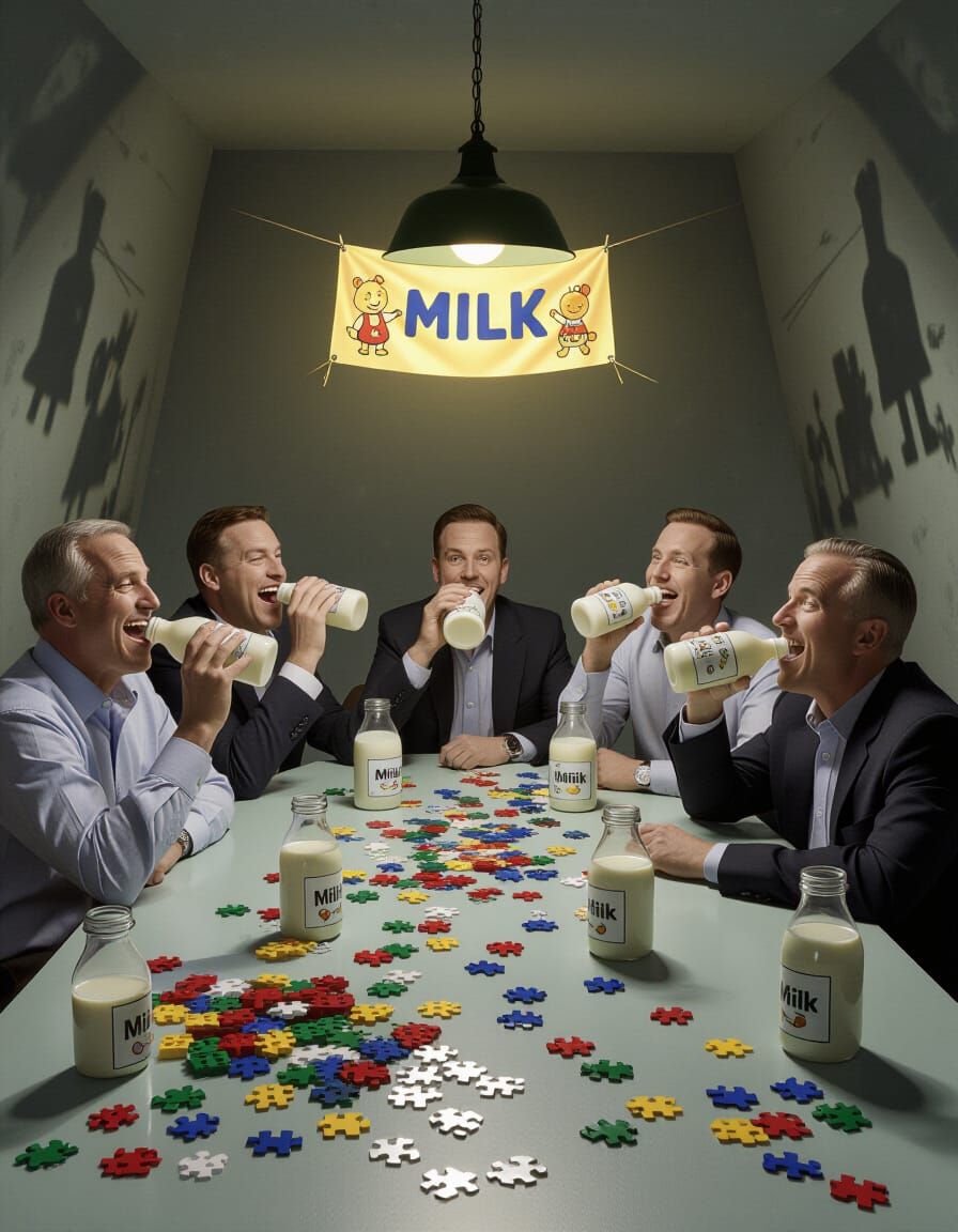 Surreal Scene of Men Drinking Milk from Baby Bottles