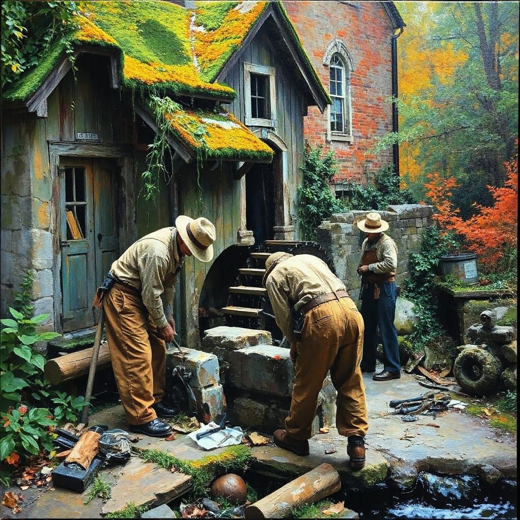 Water Wheel Repair in Regionalist Realism Style