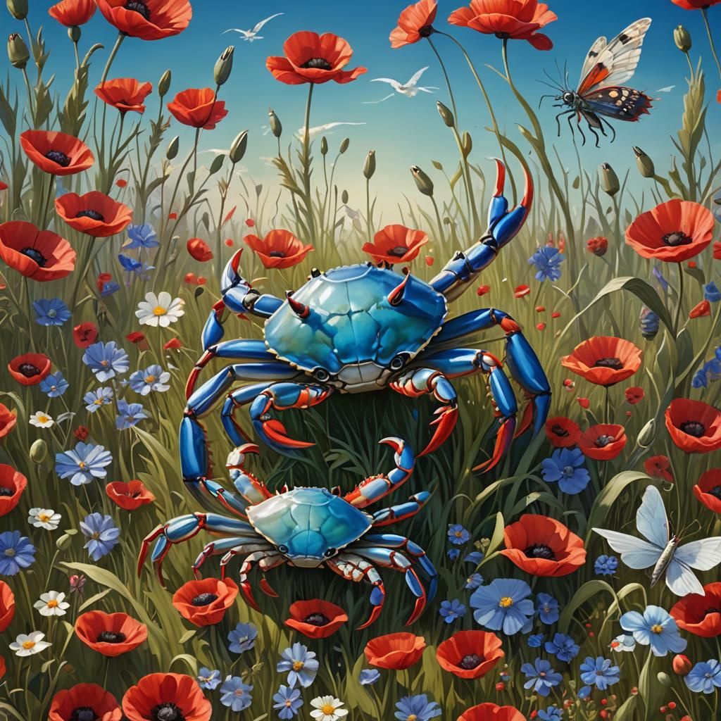 Un crabe bleu a deux grosses pinces, se promène sur de l'herbe, Il y a des coquelicots rouge et des petites fleurs. On v...