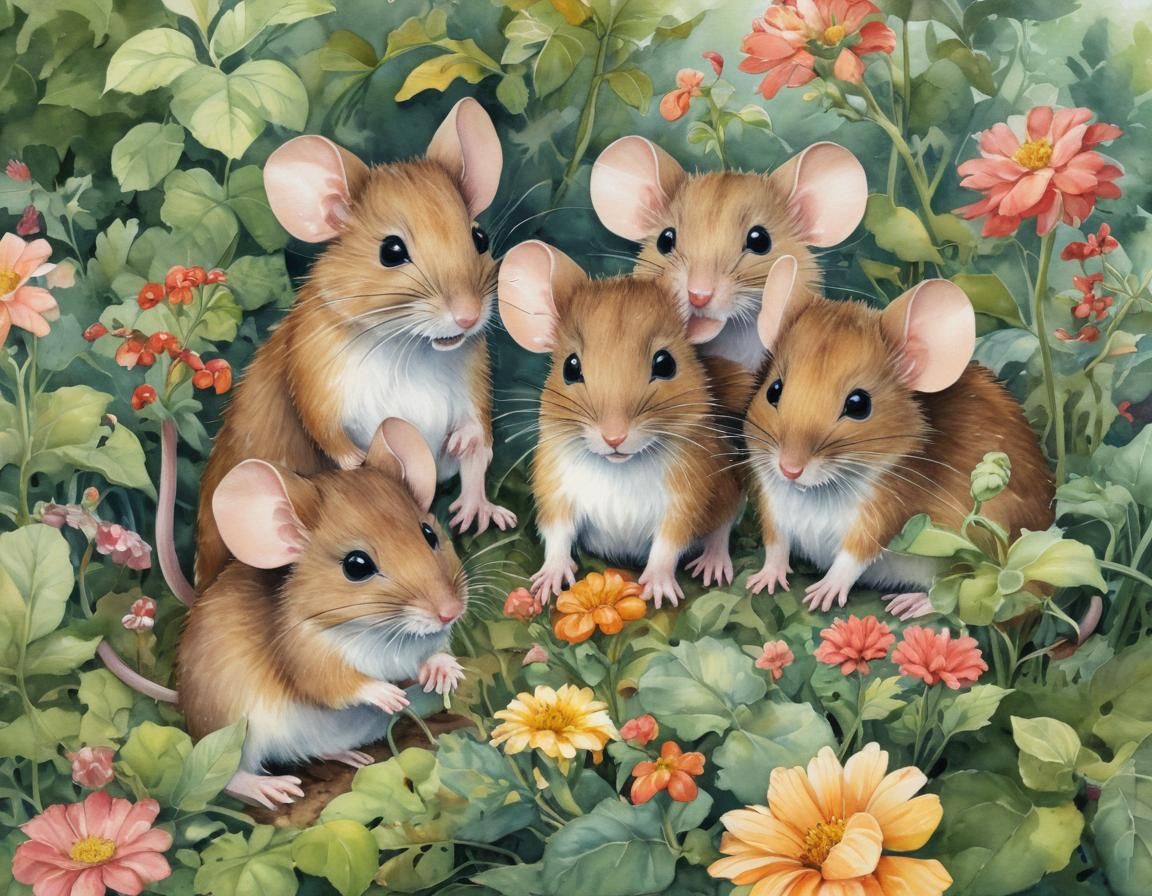 Mouse Family Gardening: Whimsical Watercolor Illustration