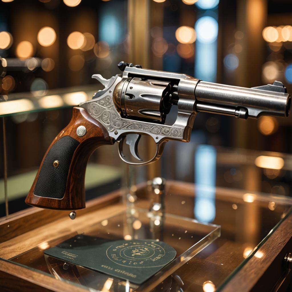 Vintage Revolver in Display Case: Professional Photo