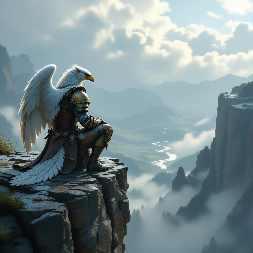 Griffin on Cliff Edge in Misty Valley