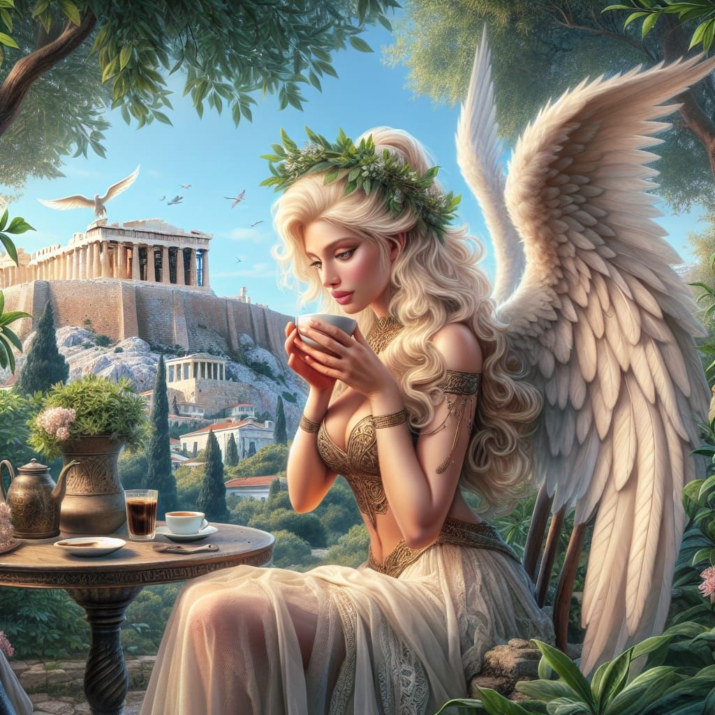 Angel Sipping Coffee in Front of the Acropolis