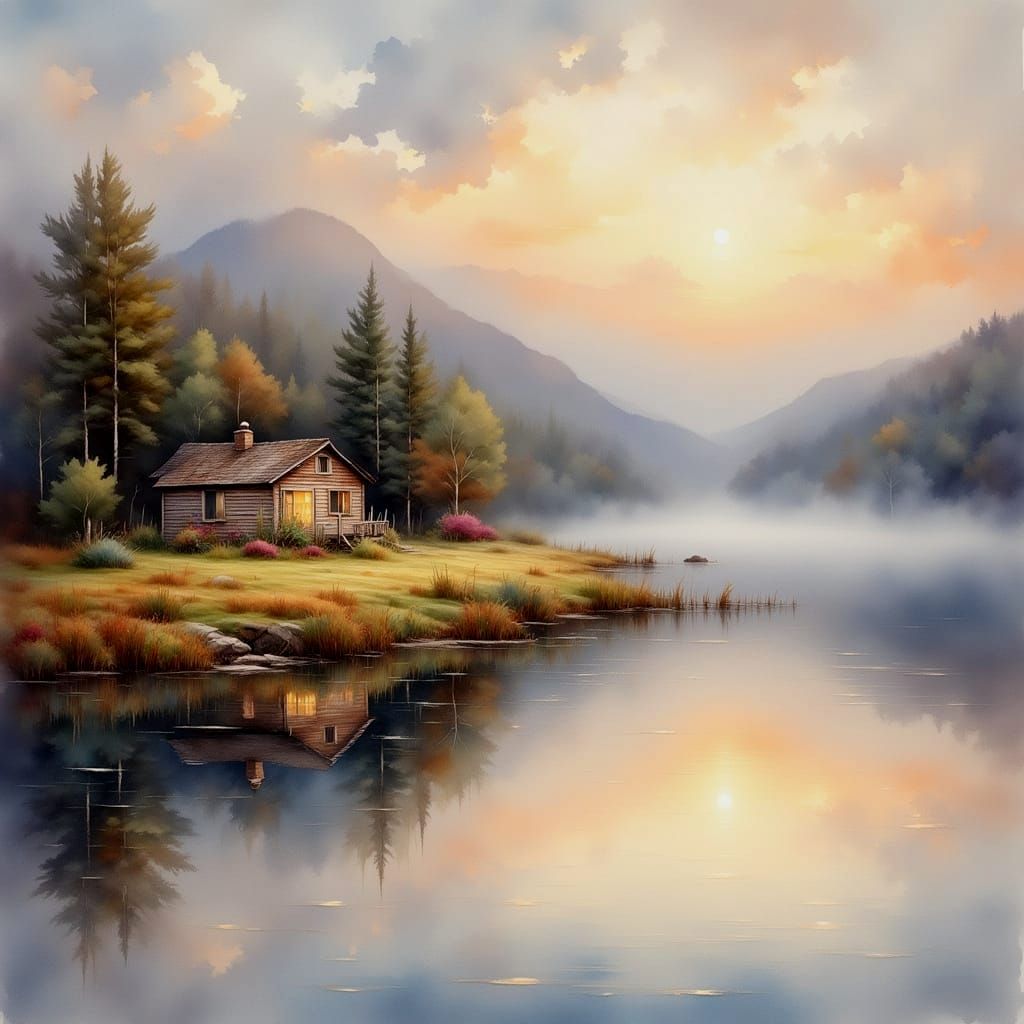 Tranquil Lakeside Dawn in Impressionistic Style