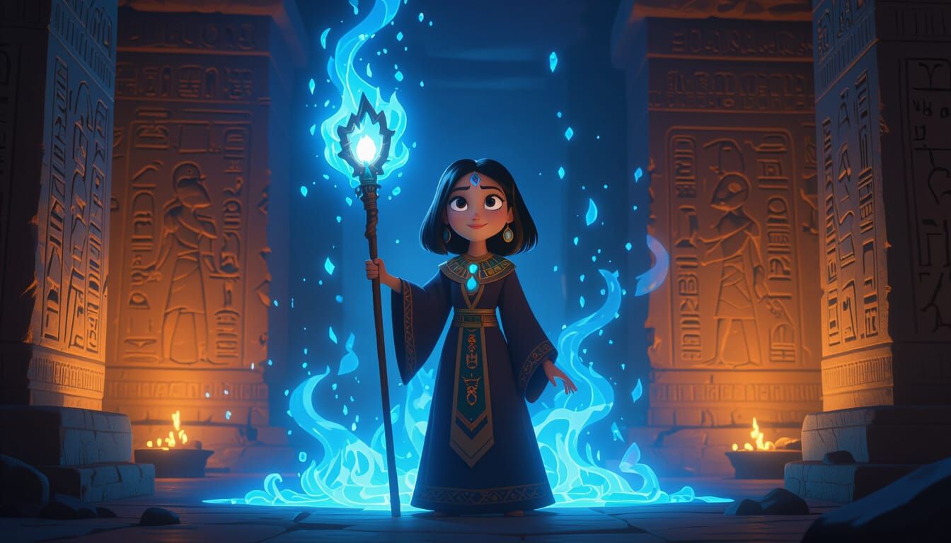 Priestess with Glowing Staff in 3D Pixar Style