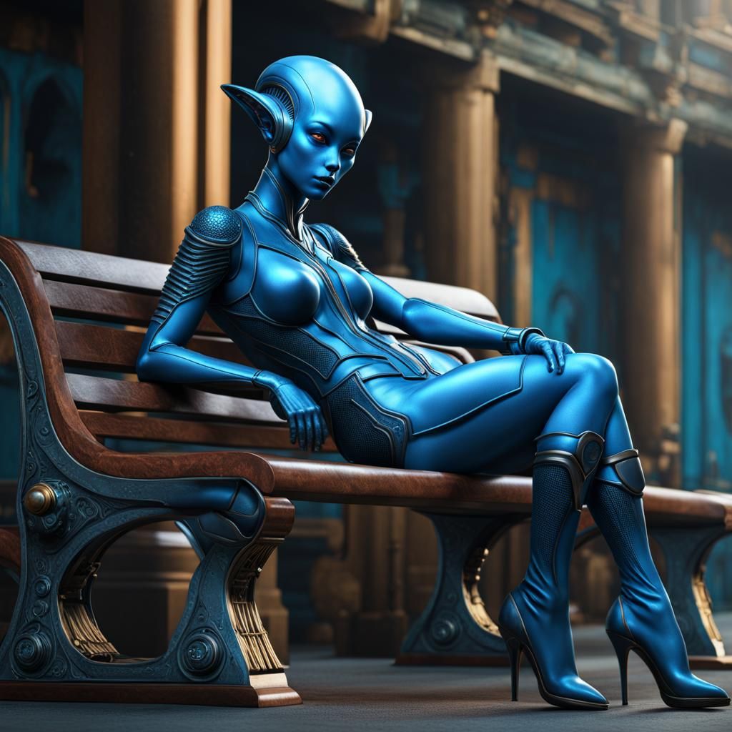 Blue Alien Woman on Bench in Dieselpunk Style