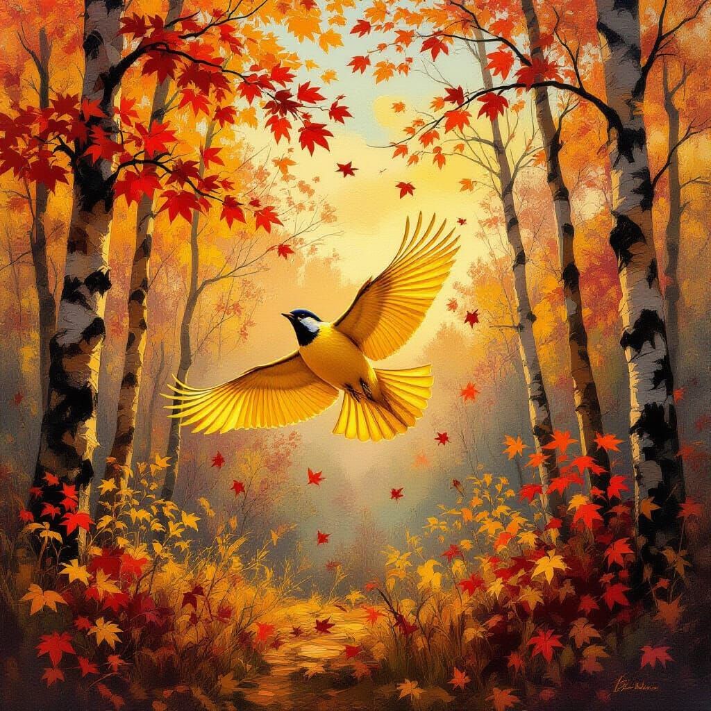 Yellow Bird in Autumn Forest, Painterly Style