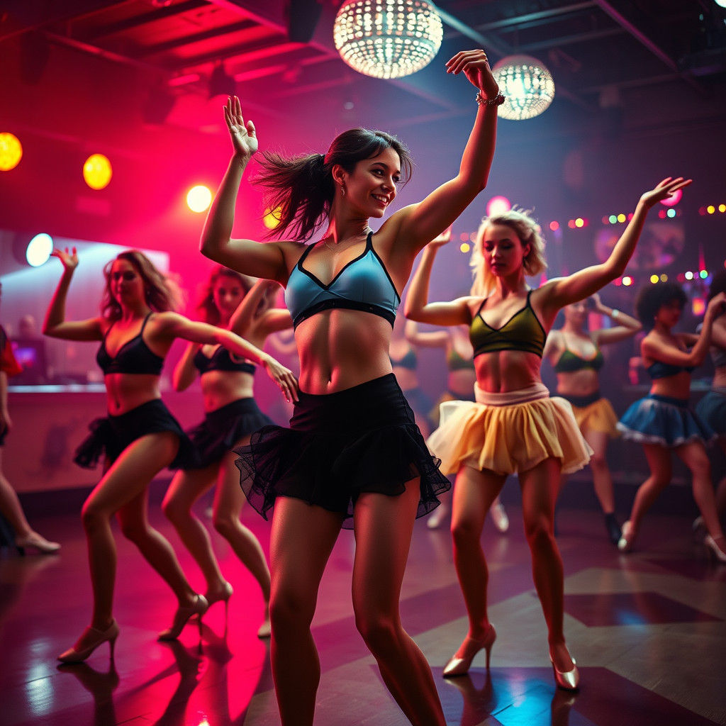 Synchronized Ballet Dancers in 80s Dance Hall
