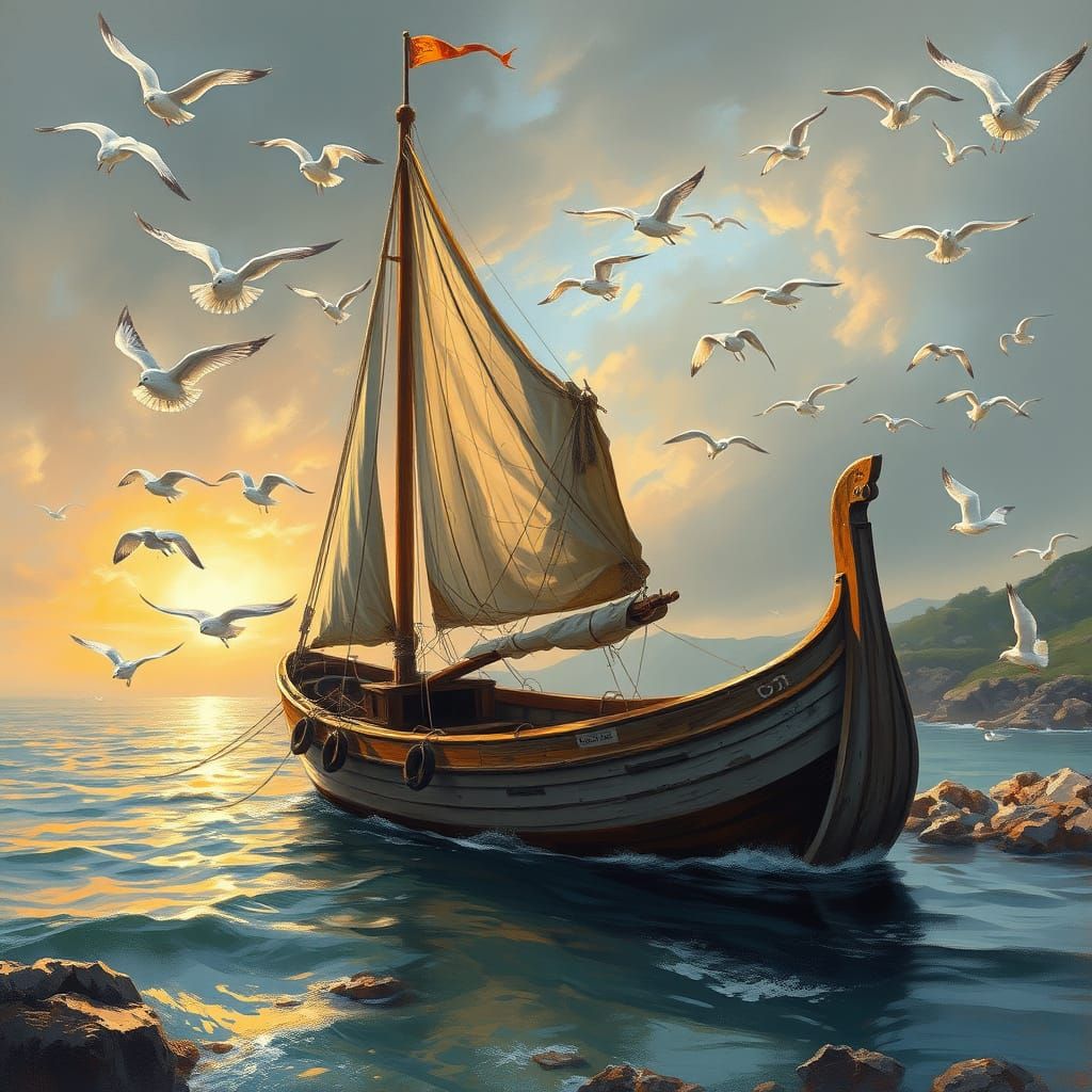 Seagulls Circle Weathered Boat in Coastal Cove