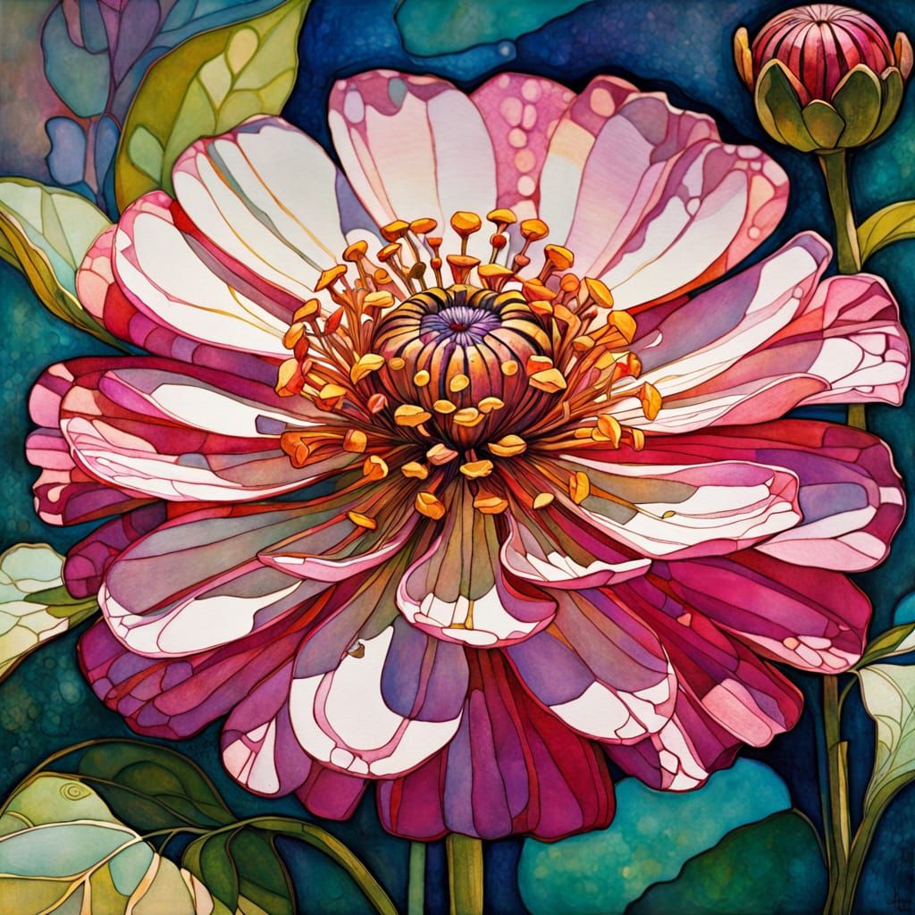 Intricate Pink Zinnia Macro In Expressionist Watercolor Styl...
