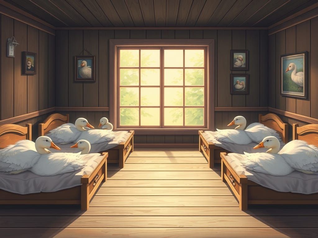 Six Geese in Ethereal Woodland Scene