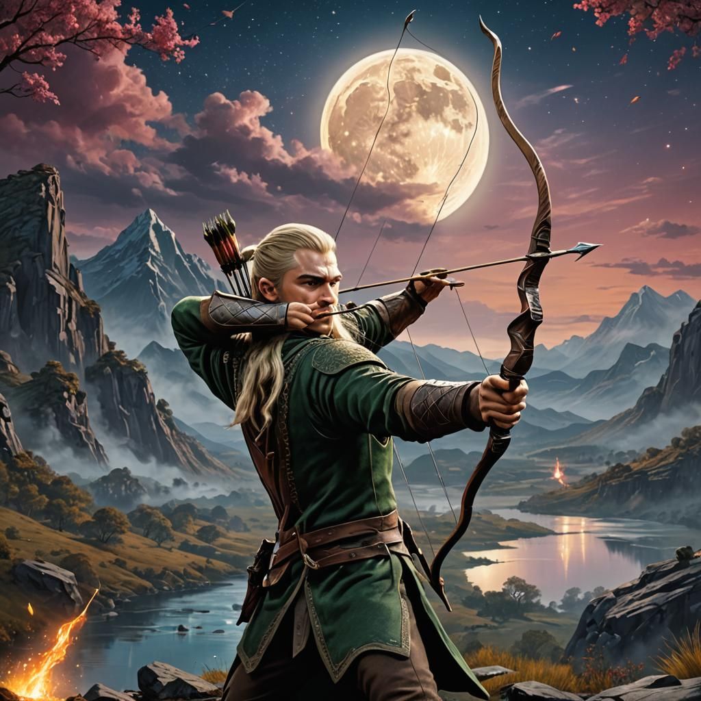 Hyperrealistic Legolas Shoots Arrow at Full Moon