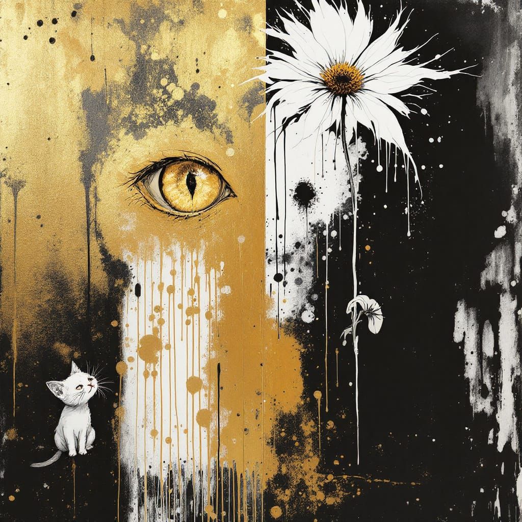 Steadman & Frankenthaler Inspired Cat with Flower