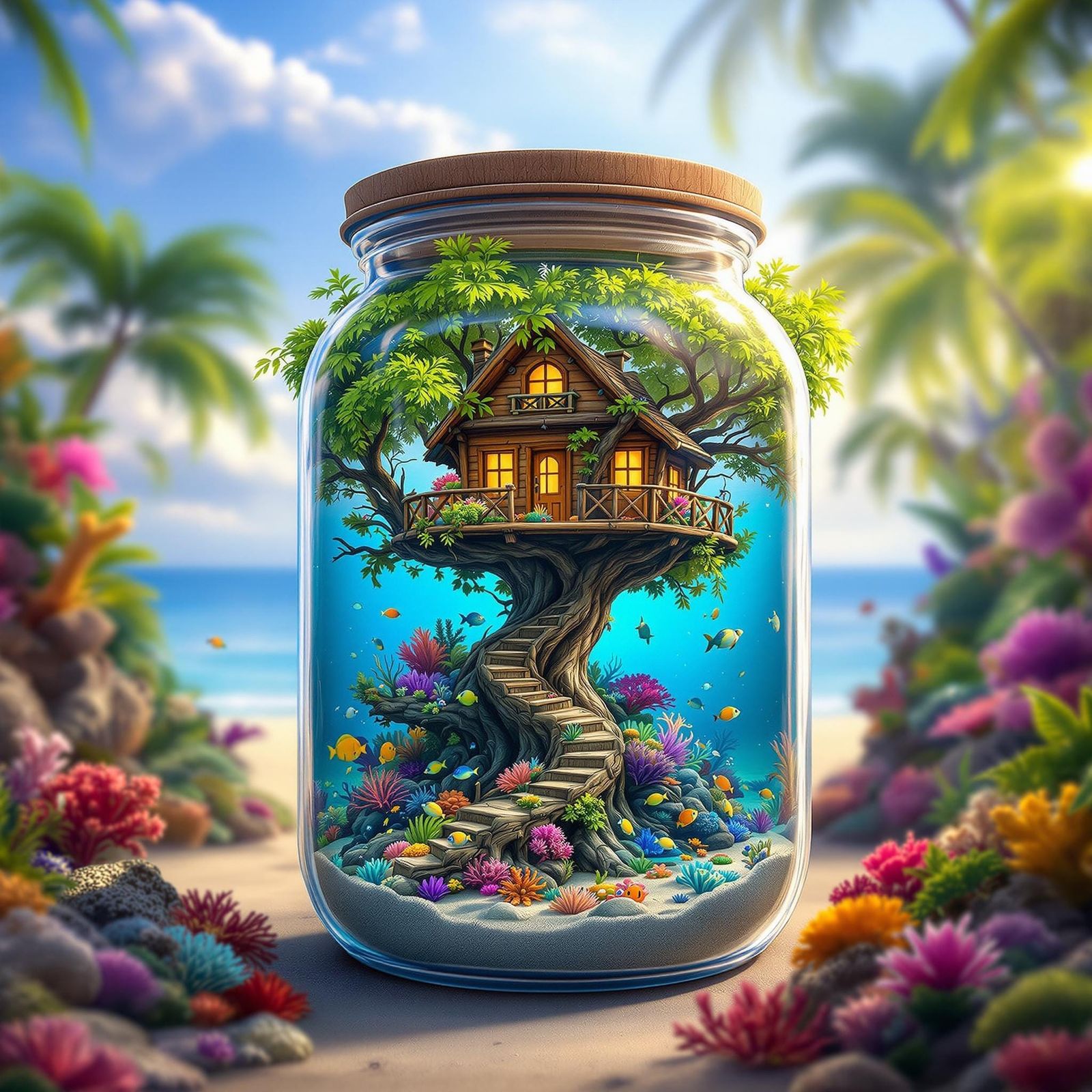 Surreal Underwater Treehouse in a Glass Jar