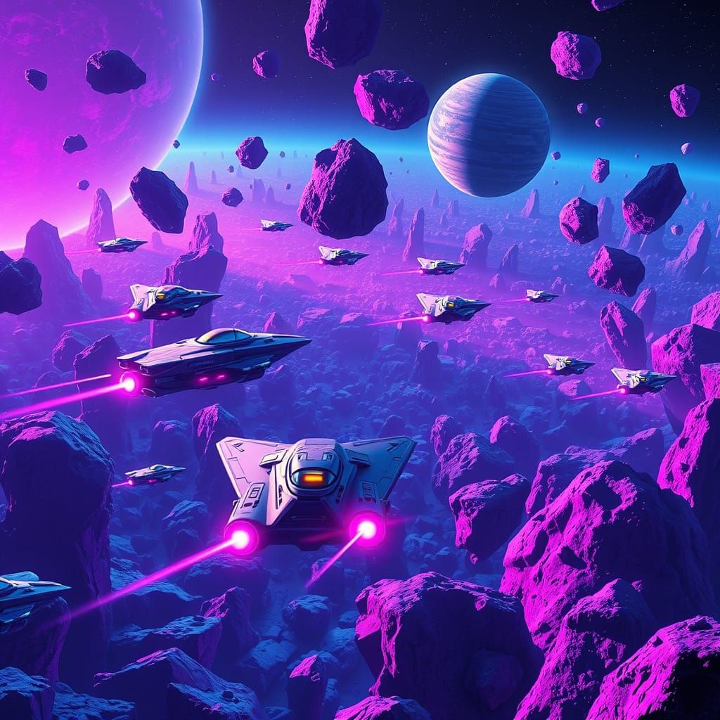 Retro Spaceship Fleet in Neon Asteroid Field