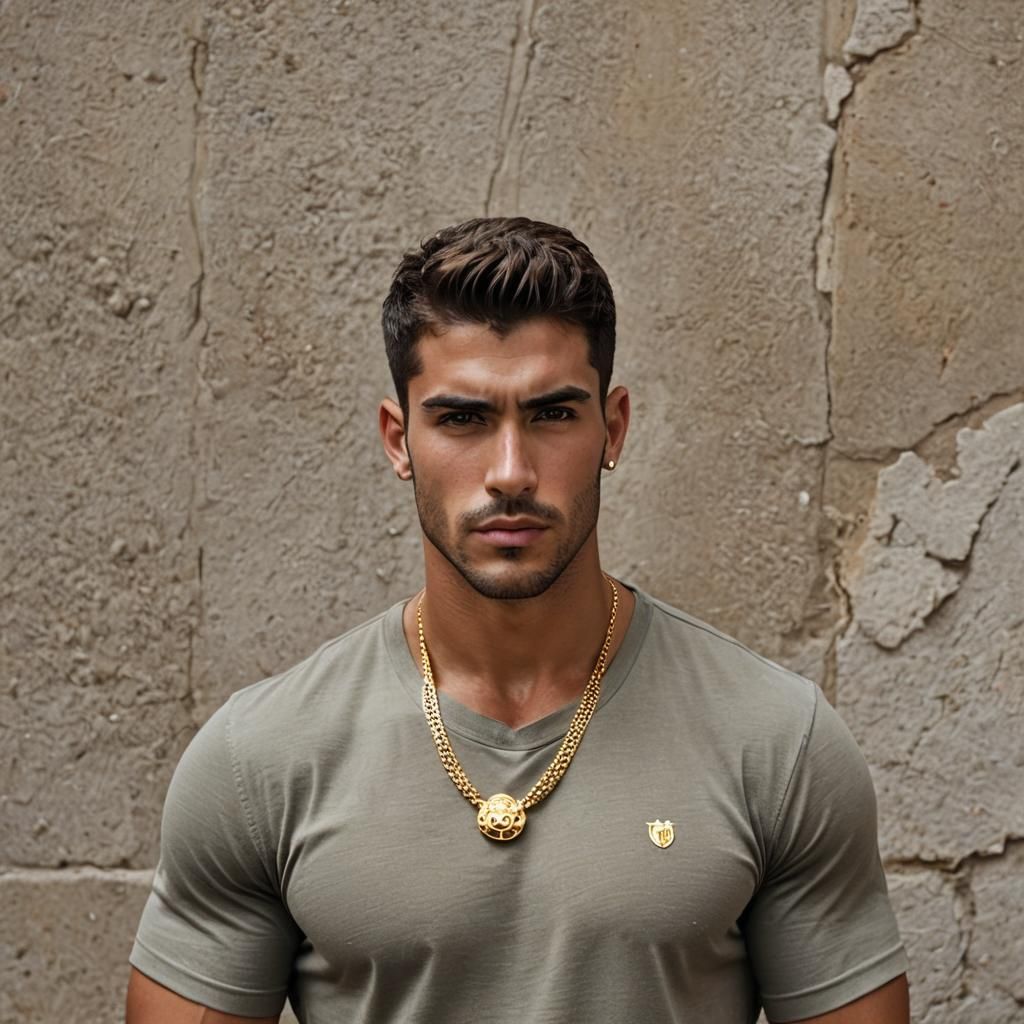 Handsome Latino Man with Golden Greek Accessories