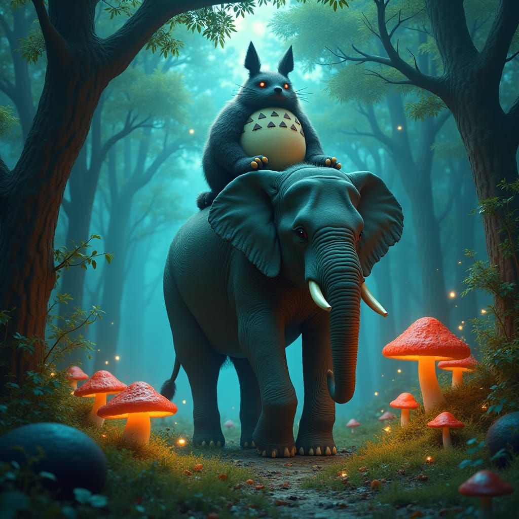Totoro-like Creature on Elephant in Magical Forest