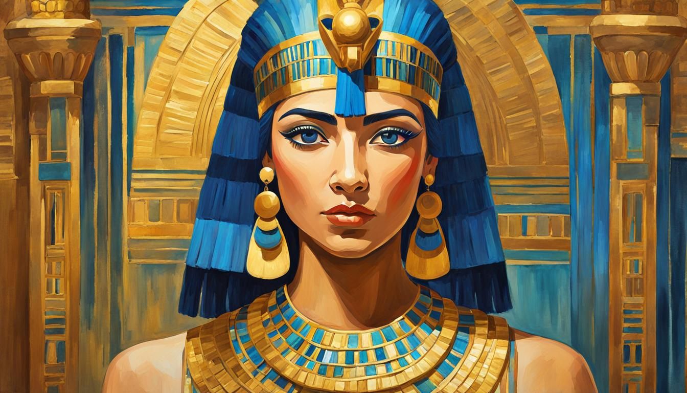 Egyptian queen Cleopatra with blue hair, eyes looking straight, egyptian make-up, portrait head and shoulders, in an anc...