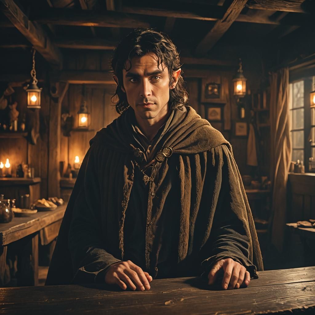 Half-Elf Druid in Tavern: Cinematic Film Still
