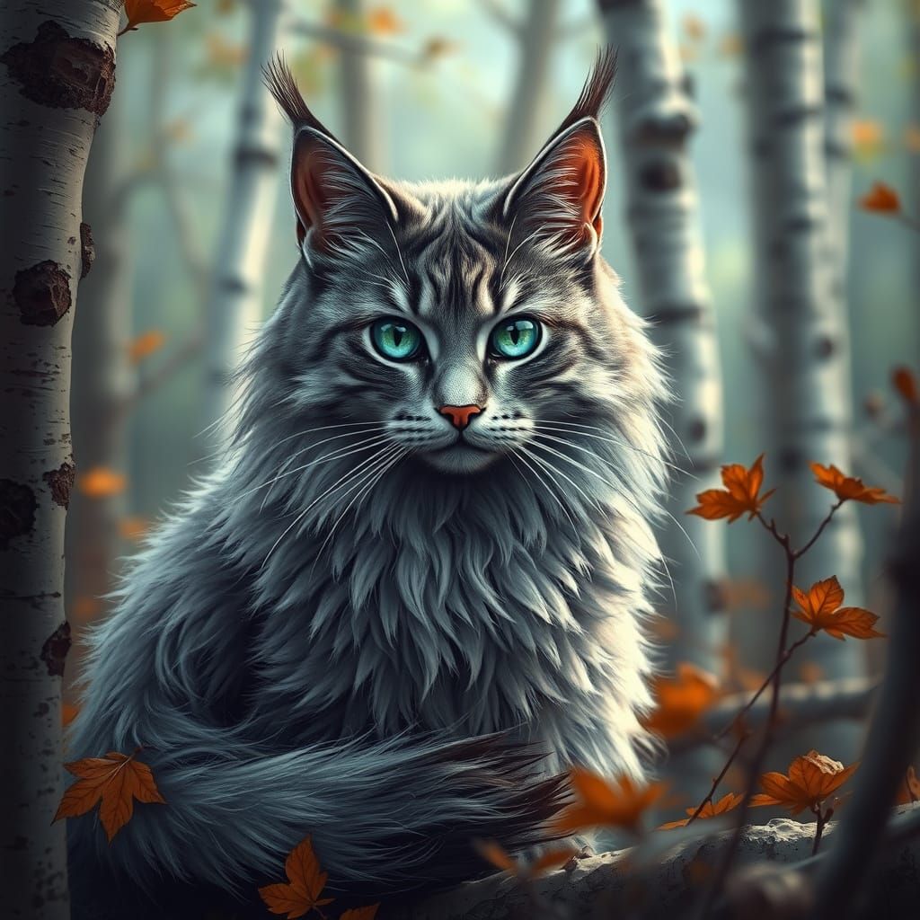 ultra detailed fur in long hair Gray cat in Birch wood blue eye