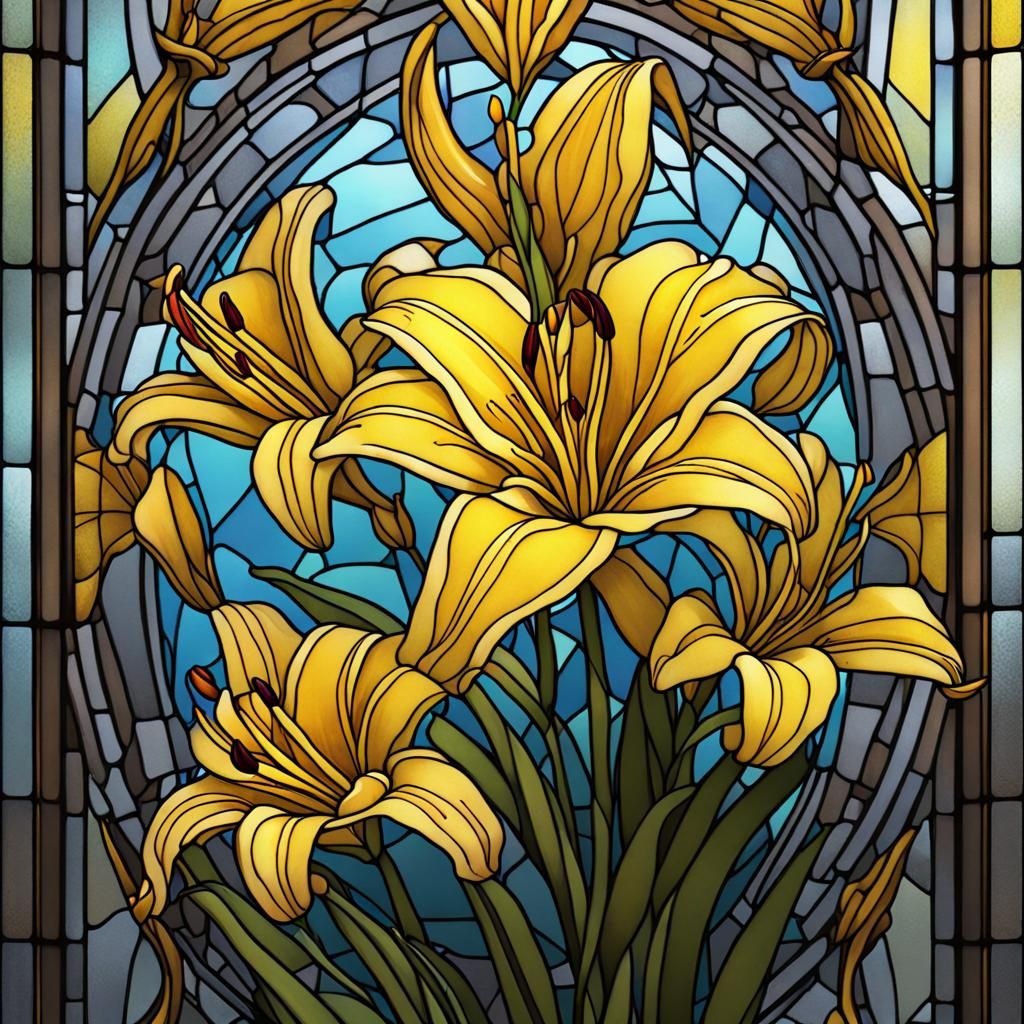 Stained Glass Yellow Day Lily in Detailed Matte Painting