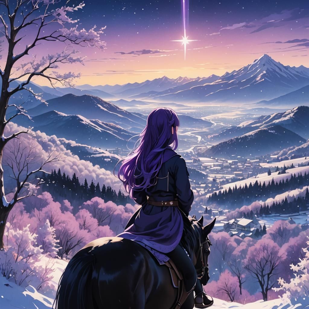 Anime Girl on Horseback in Snowy Landscape