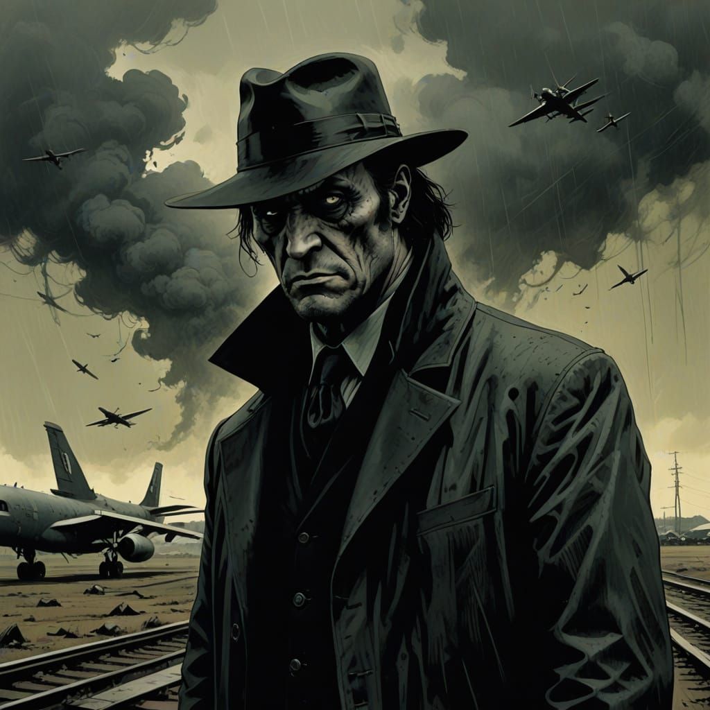 Ominous Undertaker at Burning Airfield in Comic Noir Style
