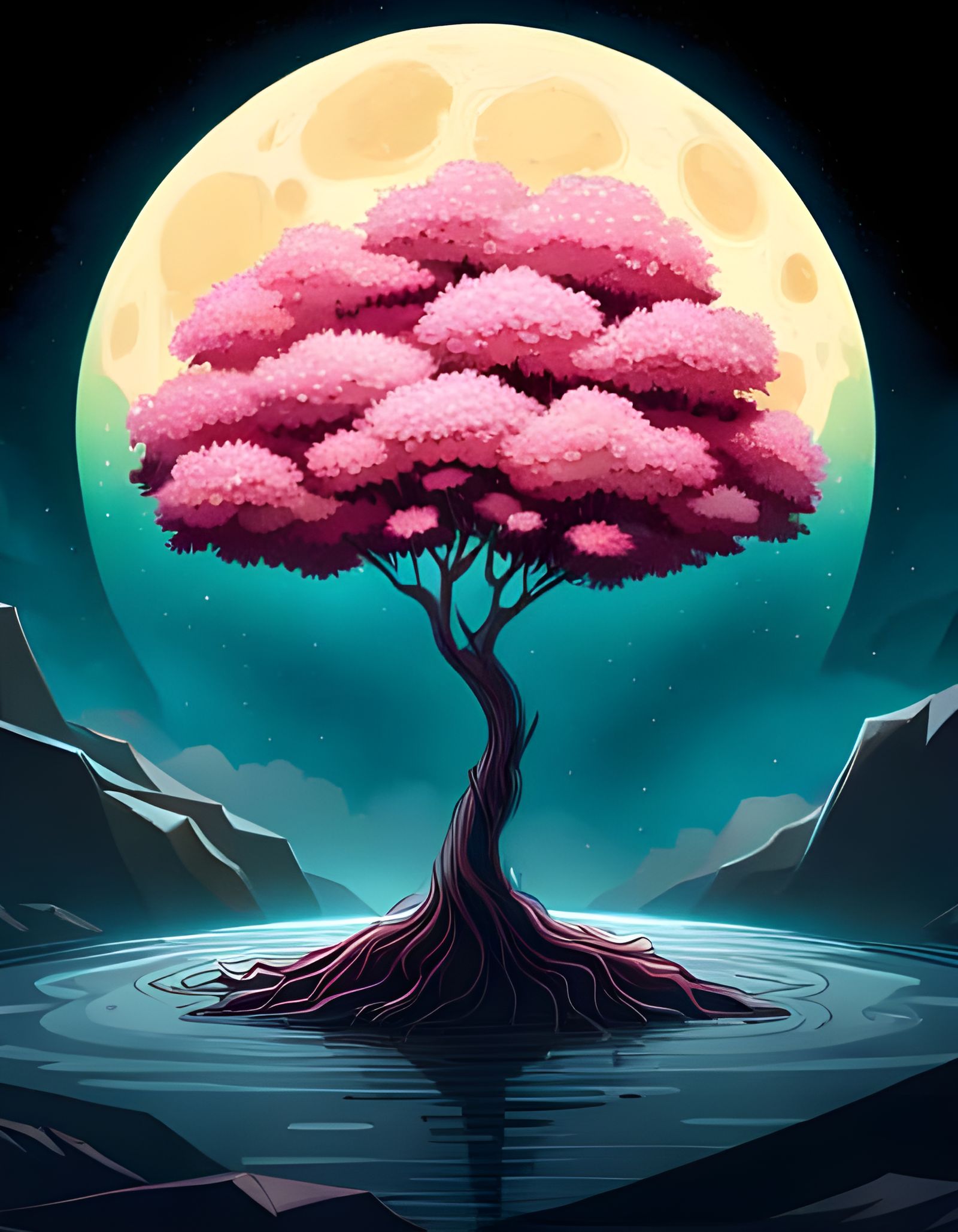 Cherry Blossom Tree on the Moon: Digital Illustration