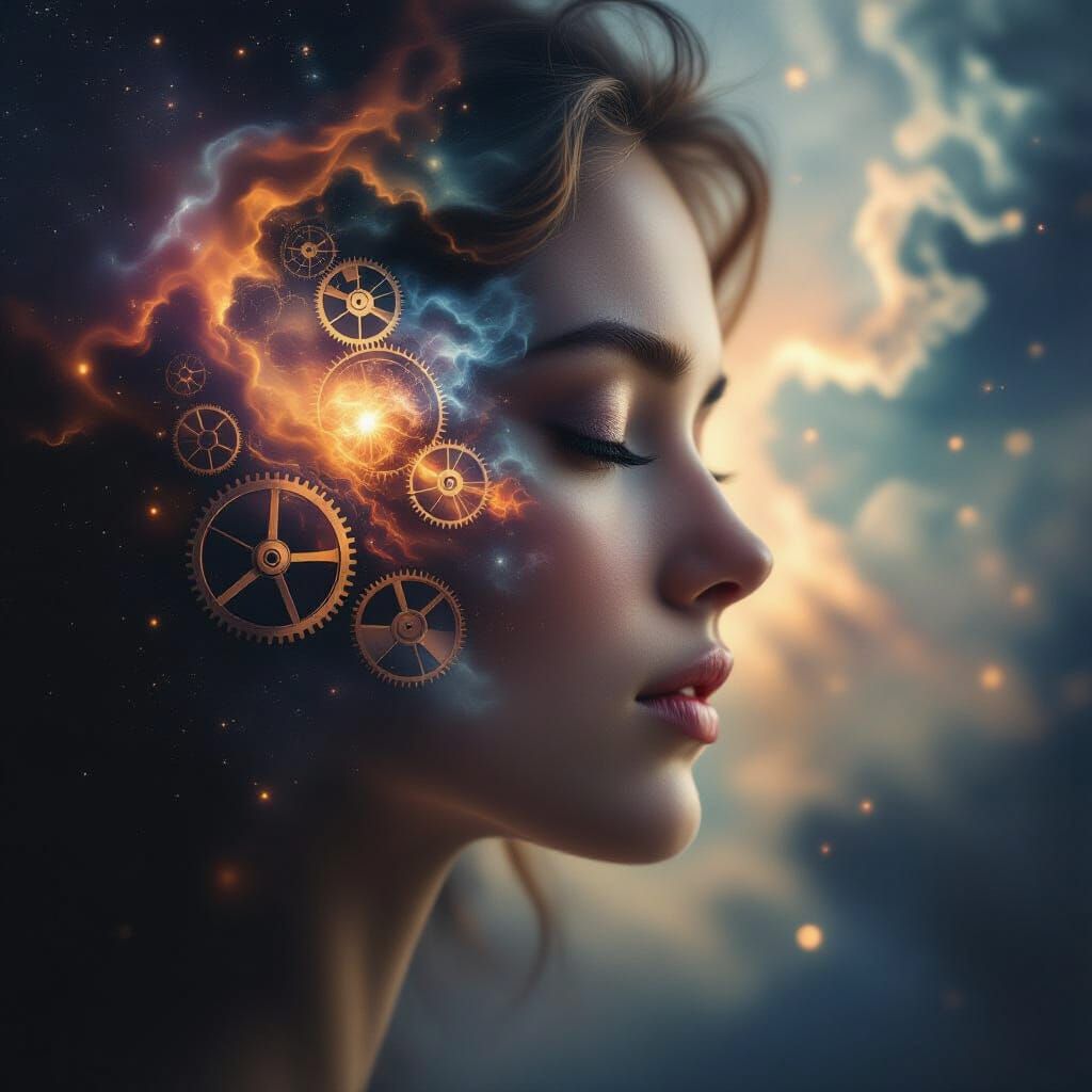 Cosmic Nebula Double Exposure Portrait with Clockwork