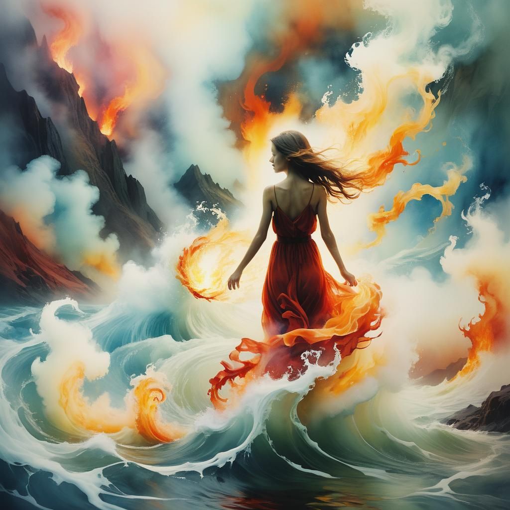 Mystical Water and Fire: Hyperrealistic Watercolor Art