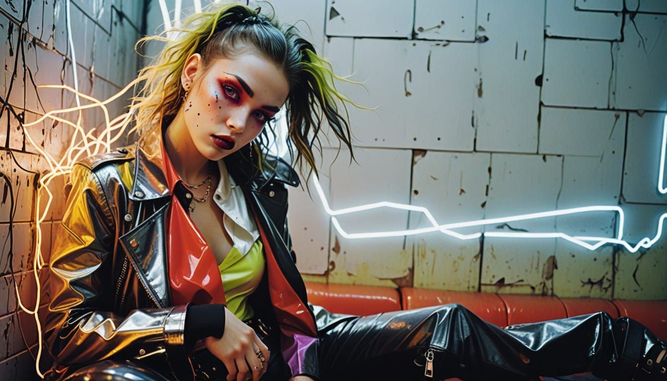 Provocative Punk Fashion Model in Neon-Soaked Discotheque