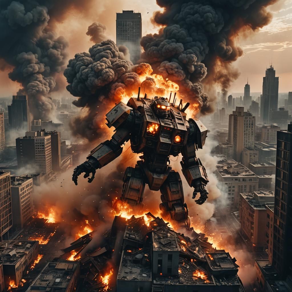 Flaming Robot Destroys City in Dystopian Apocalypse