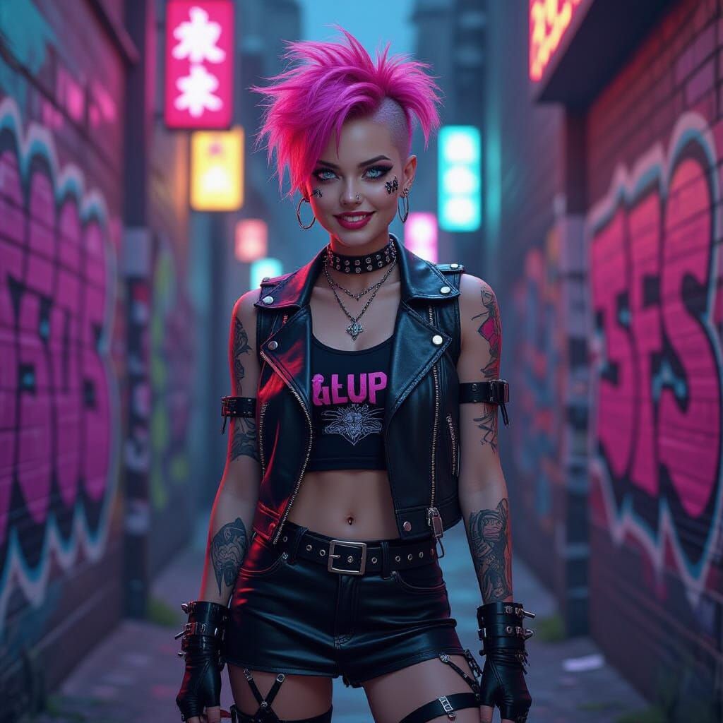 Punk Rock Pixie in Neon Alleyway