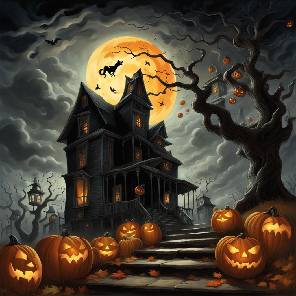 Haunted House with Ghost in the Style of Doré