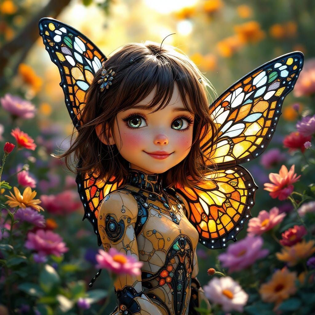 Robot Girl with Butterfly Wings in Flower Garden