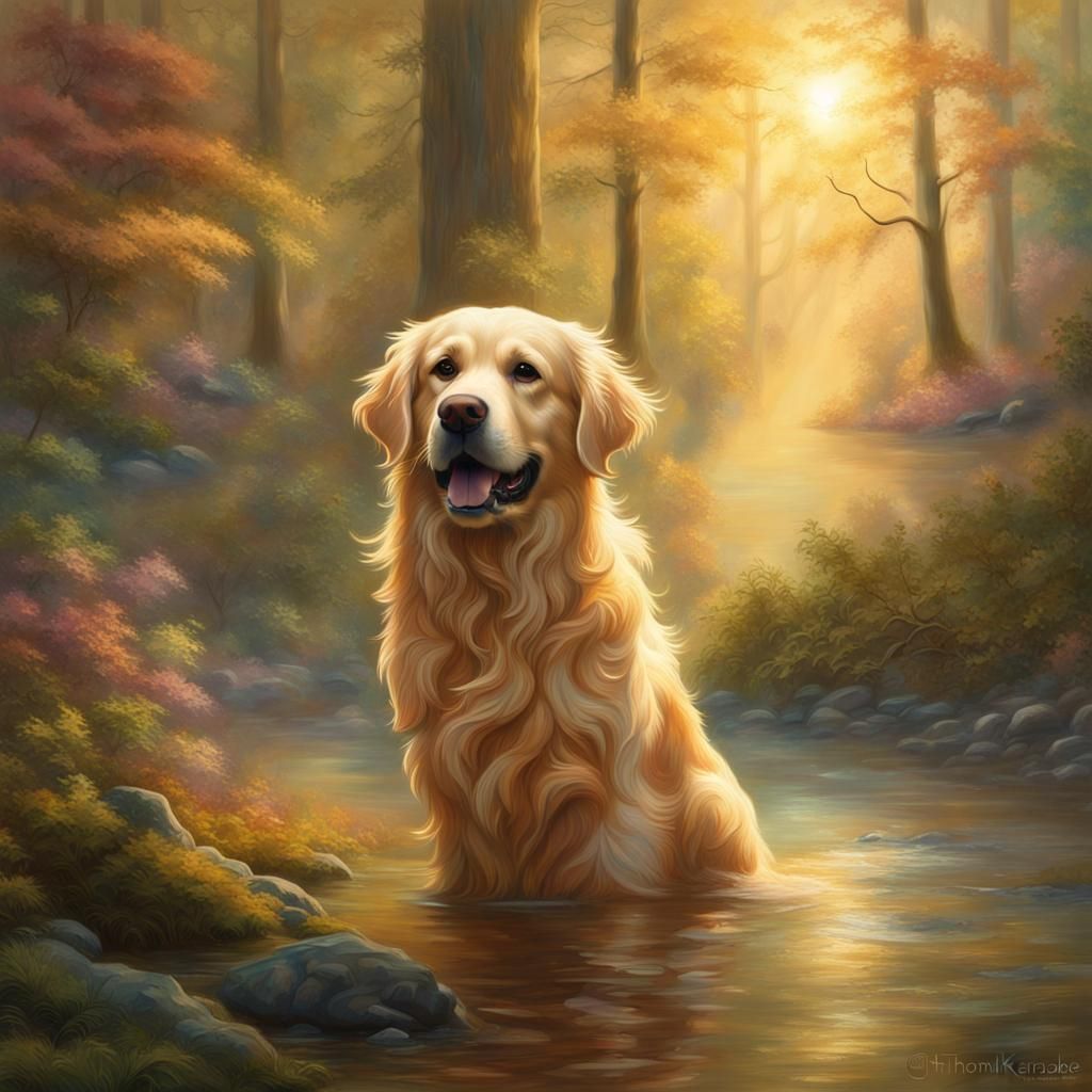 Joyful Golden Retriever in Hyperrealistic Forest