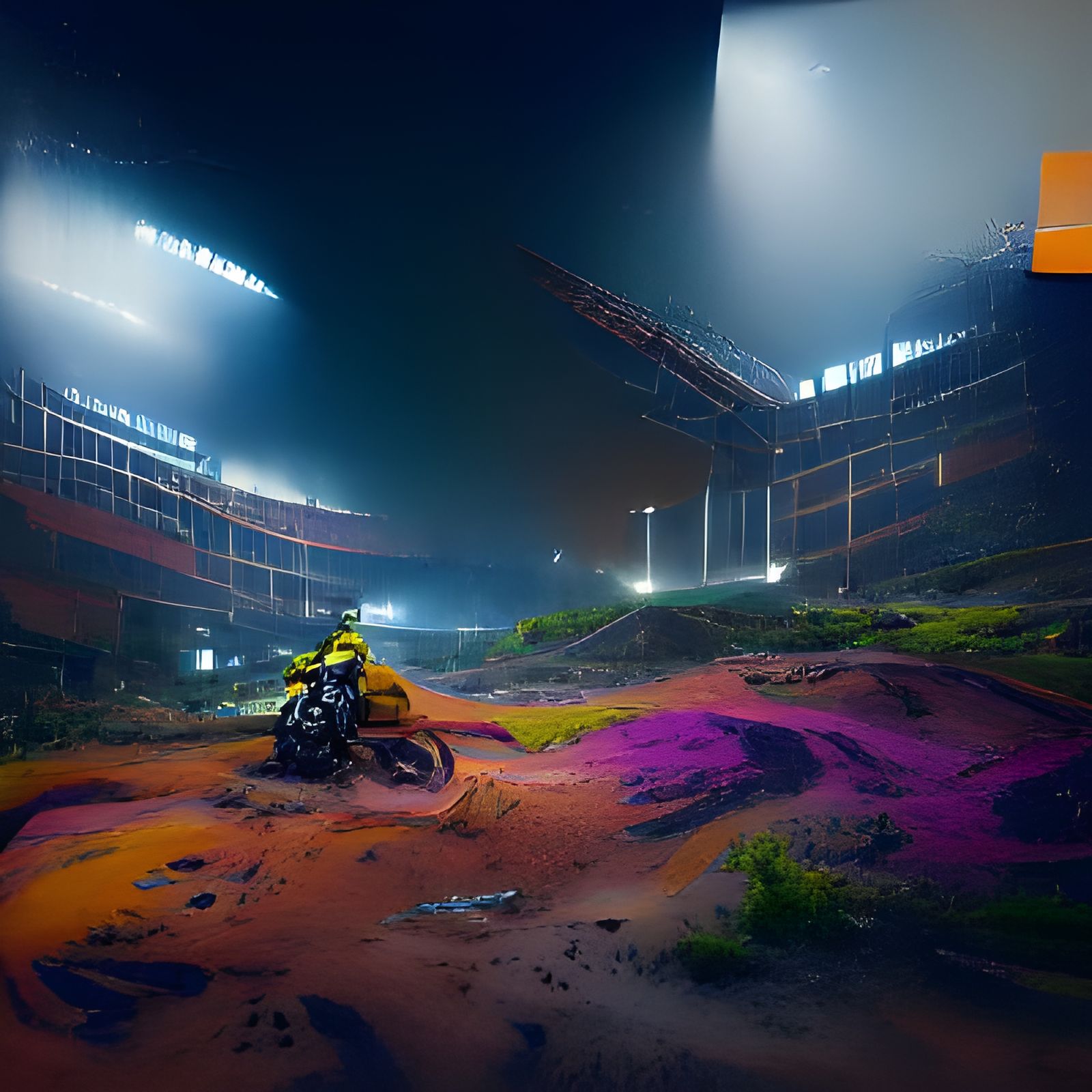 Midnight Football Stadium with Dirt Bikes: Fantasy Art
