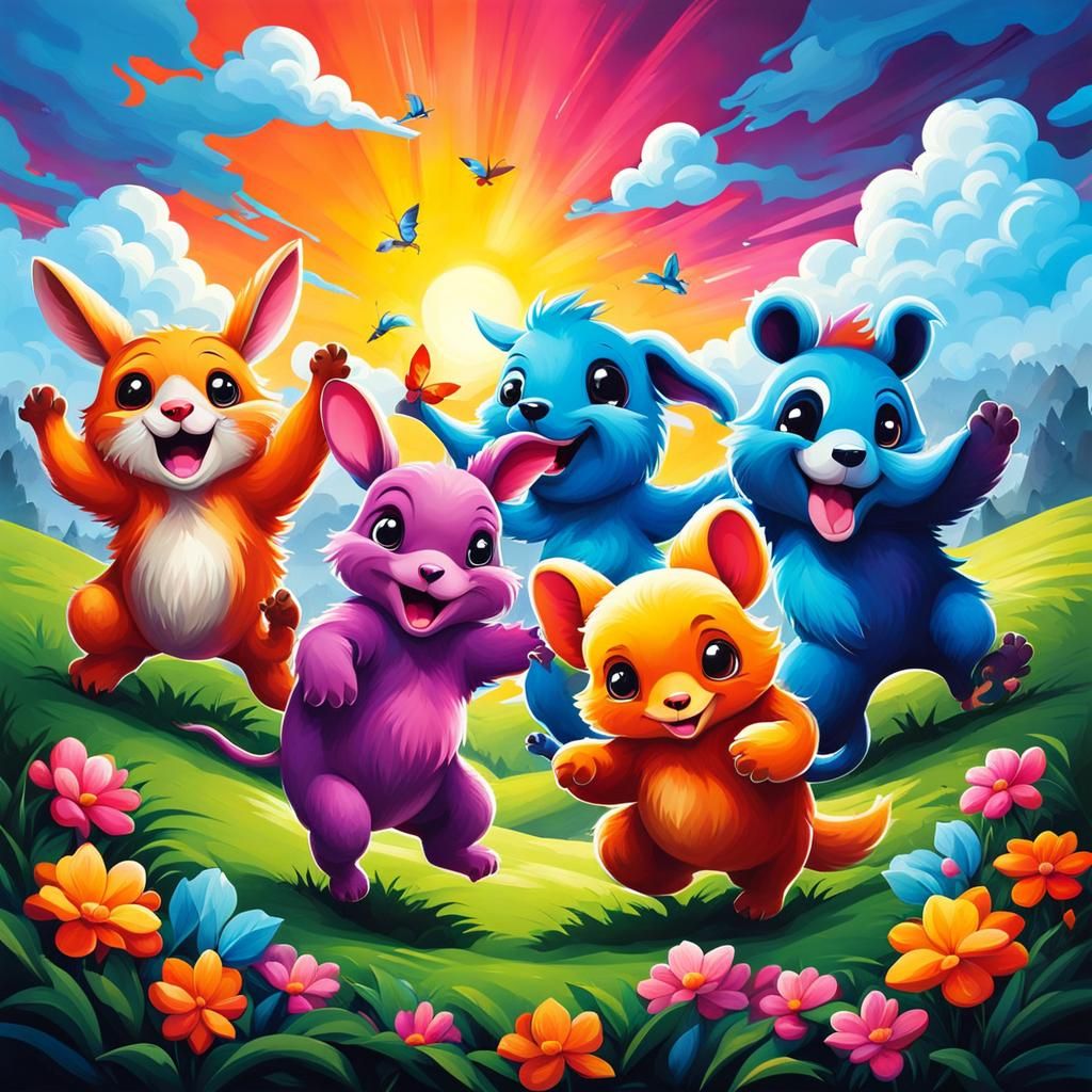 Cute Animals Dancing: Graffiti Art Landscape