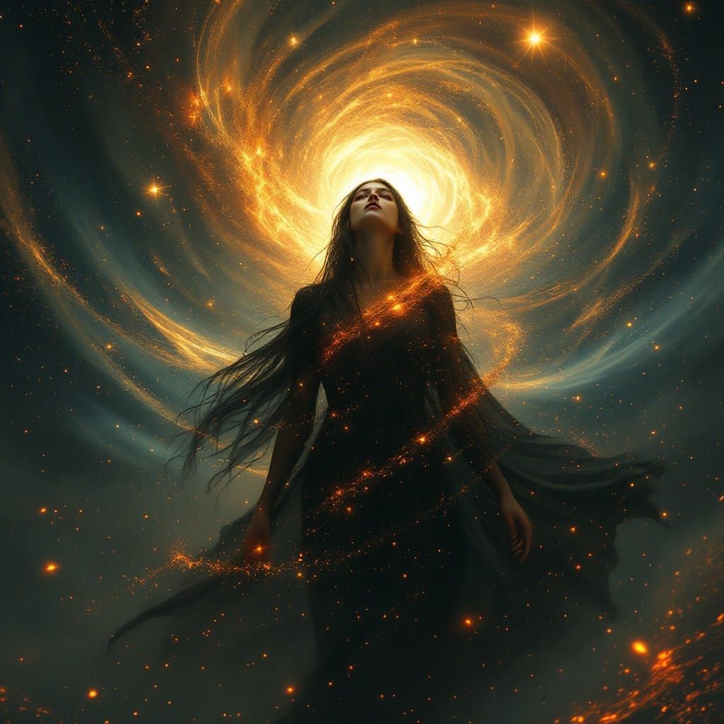 Mystical Figure Amidst Solar Flares and Space Dust