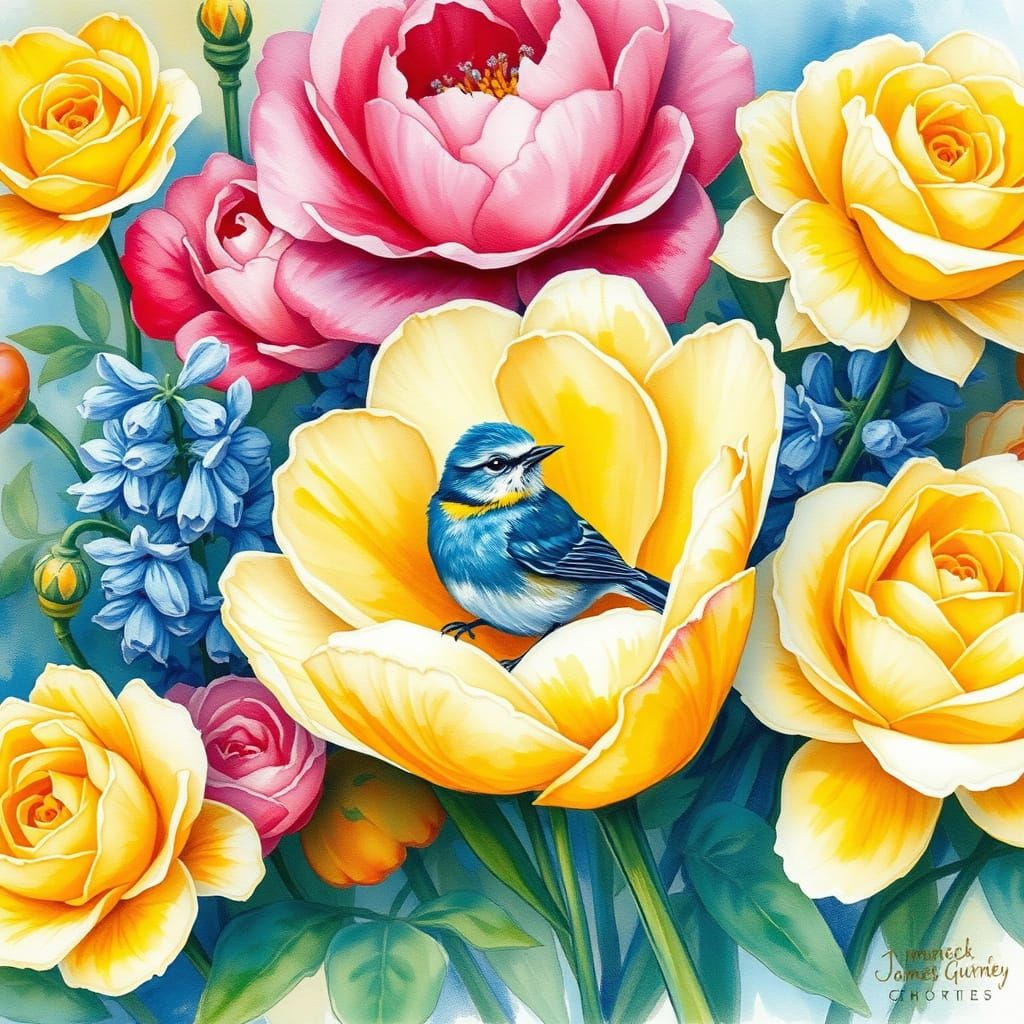 Vibrant Bluebird in a Golden Rose Bouquet