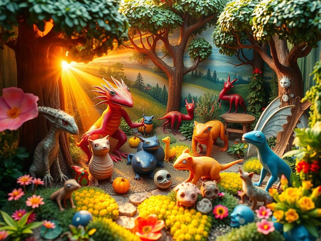 Surreal Diorama of Fantastical Creatures in Dream Landscape