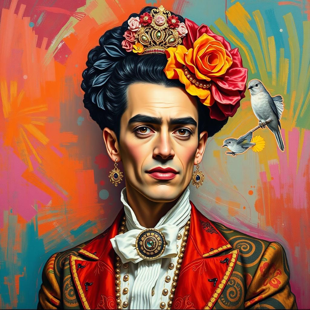 Charismatic Man in Feminine Attire, as Oil Painting