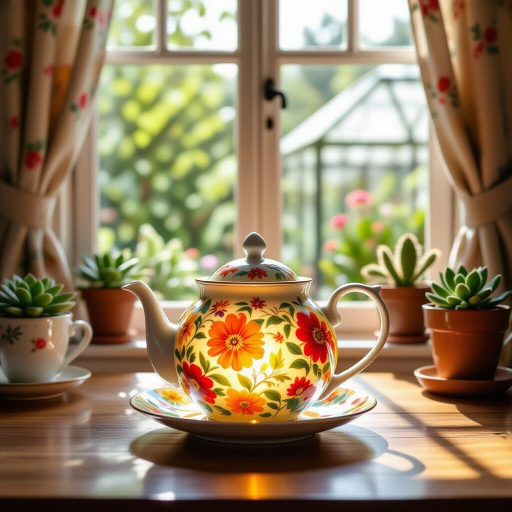 Fantasy Teapot in a Cheerful Greenhouse Garden