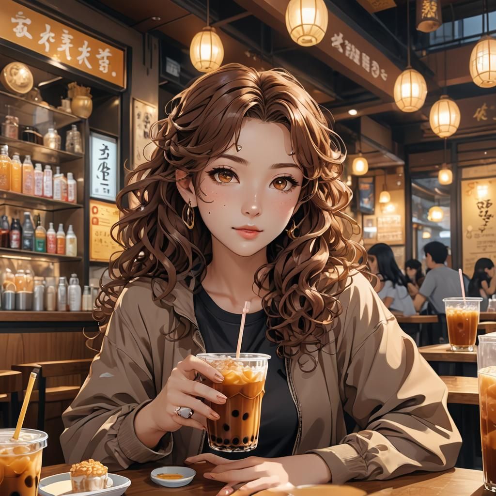 Anime Girl Sipping Boba Tea, Detailed Digital Art