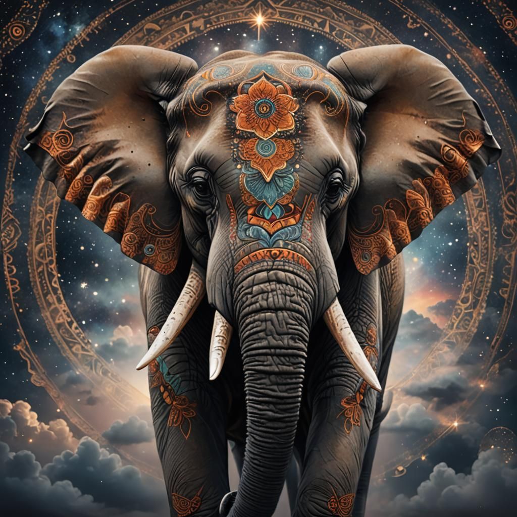 Elephant Portrait with Mandala Patterns in Dreamlike Style